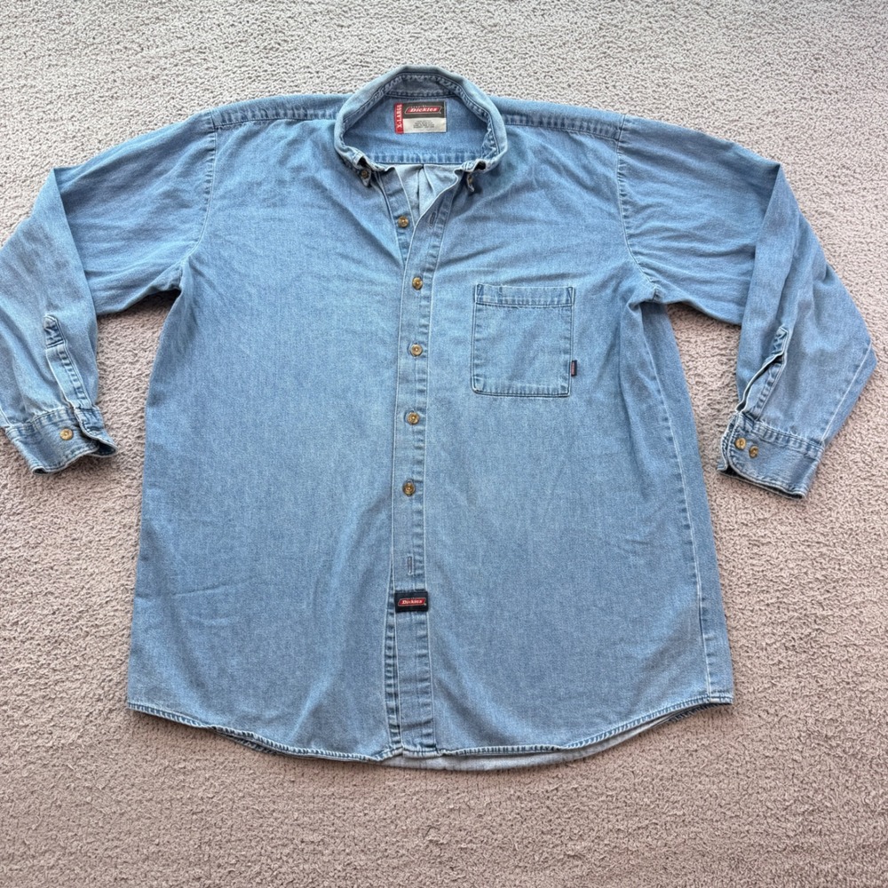 Genuine Dickies Mens XL Light Wash Denim Long Sleeve Button Down Shirt GL300SNB